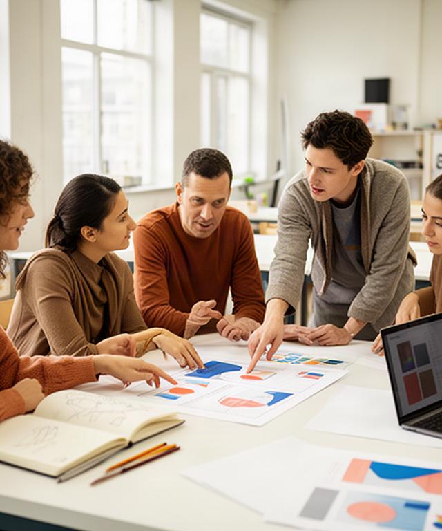 Teilnehmende besprechen einen Grafikdesign-Entwurf an einem hellen Arbeitstisch