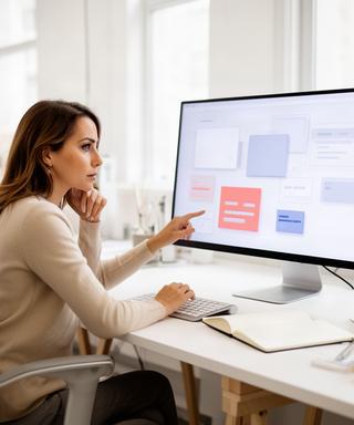 Elena Rossi prüft einen digitalen Prototyp auf einem grossen Bildschirm in einem hellen Designstudio