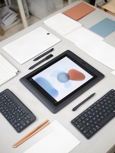 Wacom Tablets und Tastaturen auf einem hellen Tisch im Grafikdesign-Studio